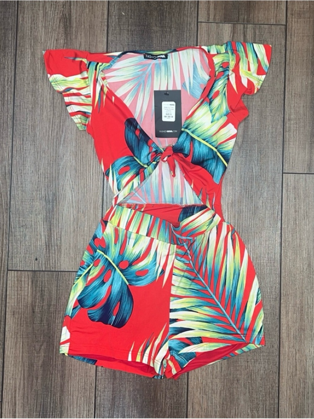 Fashion Nova Kids Red Tropical Leaf Cutout One-Piece